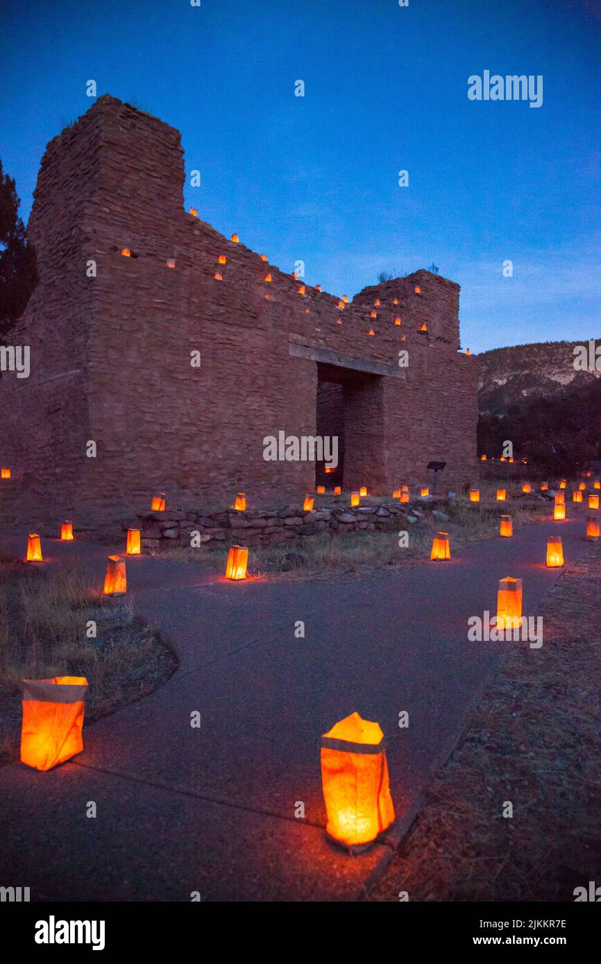 Luminarias light the pathways of the Jemez Mission State Monument at