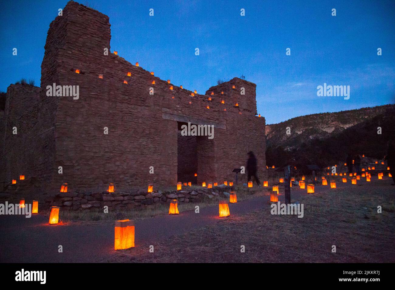 Luminarias light the pathways of the Jemez Mission State Monument at