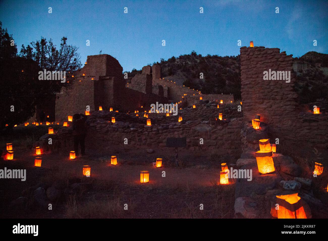Luminarias light the pathways of the Jemez Mission State Monument at