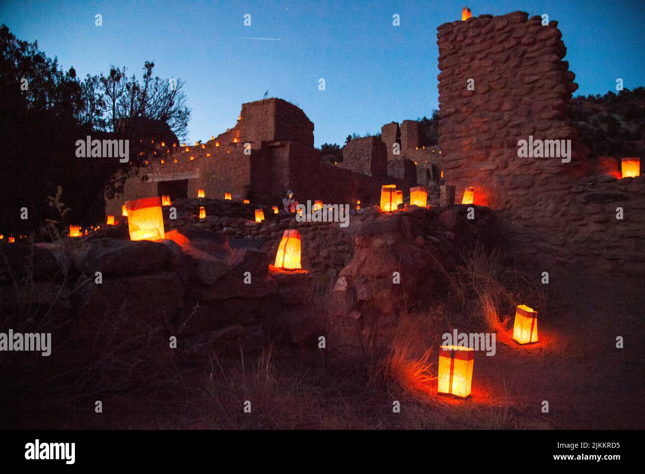 Luminarias light the pathways of the Jemez Mission State Monument at