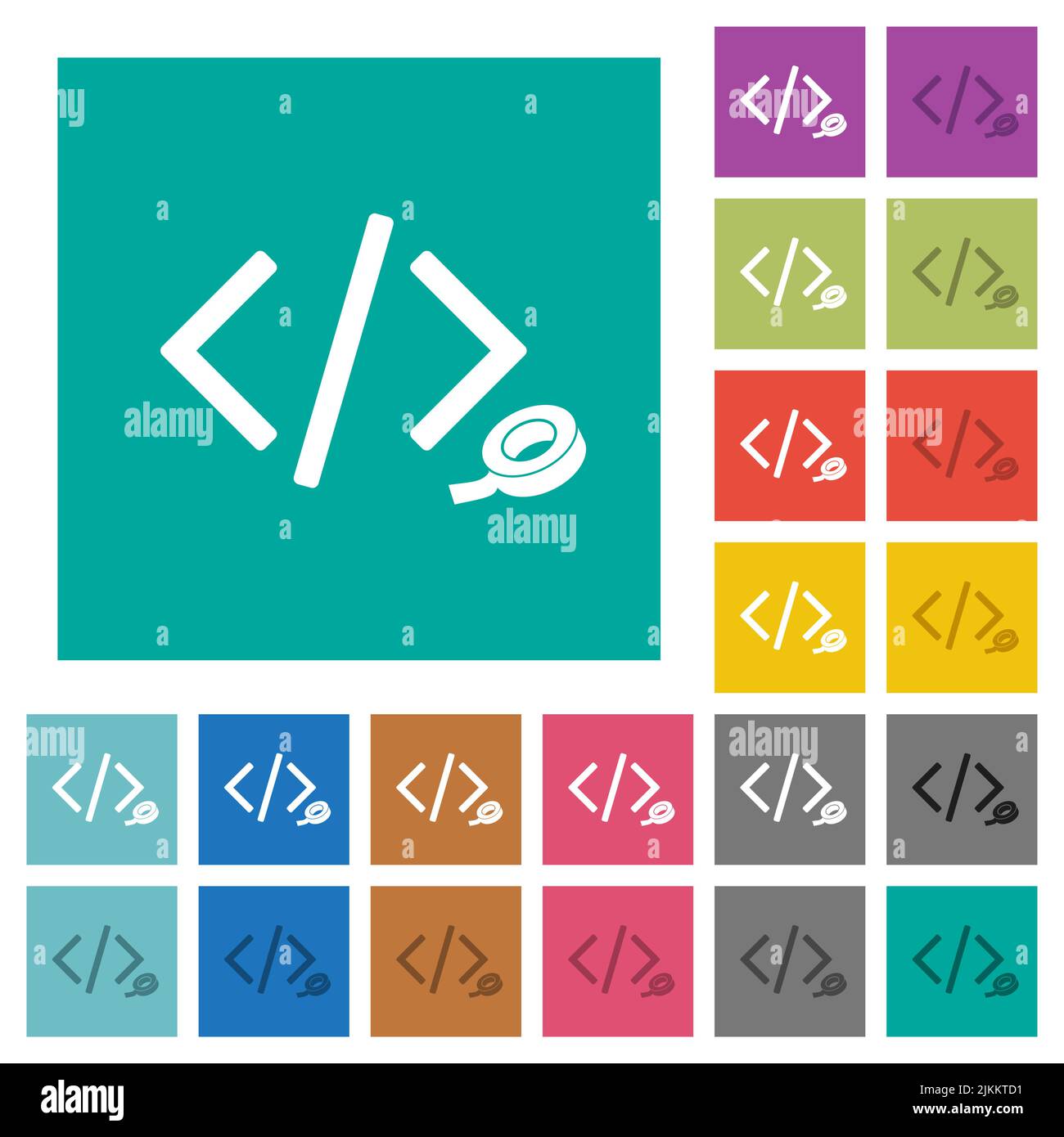 Software patch multi colored flat icons on plain square backgrounds. Included white and darker icon variations for hover or active effects. Stock Vector