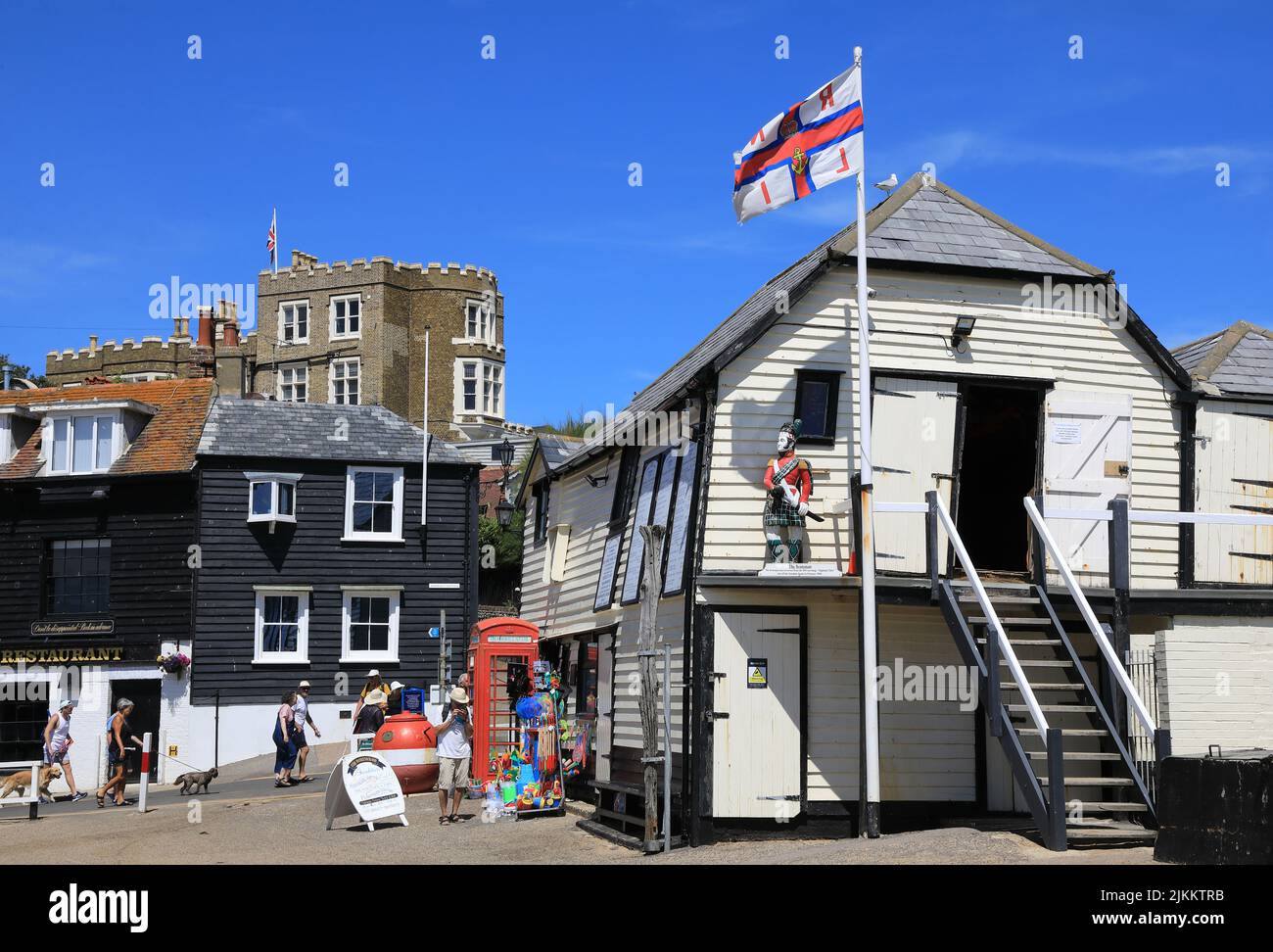 The old harbour master's house and life-boat station in Broadstairs, with Bleak House, of Charles Dickens fame, beyond, in Kent, UK Stock Photo