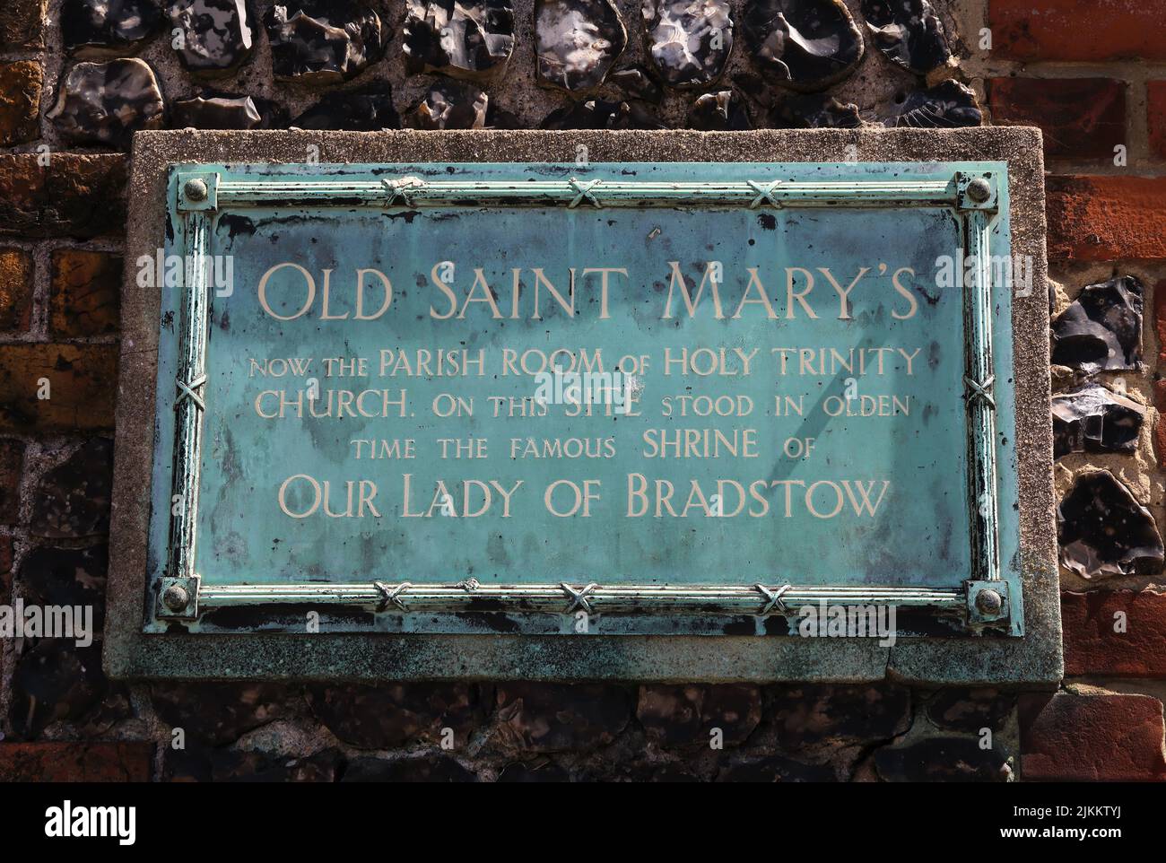 Stone marking the site where the Shrine to Our Lady of Bradstow once stood in olden times, now converted to a pub, in Broadstairs, Isle of Thanet, UK Stock Photo
