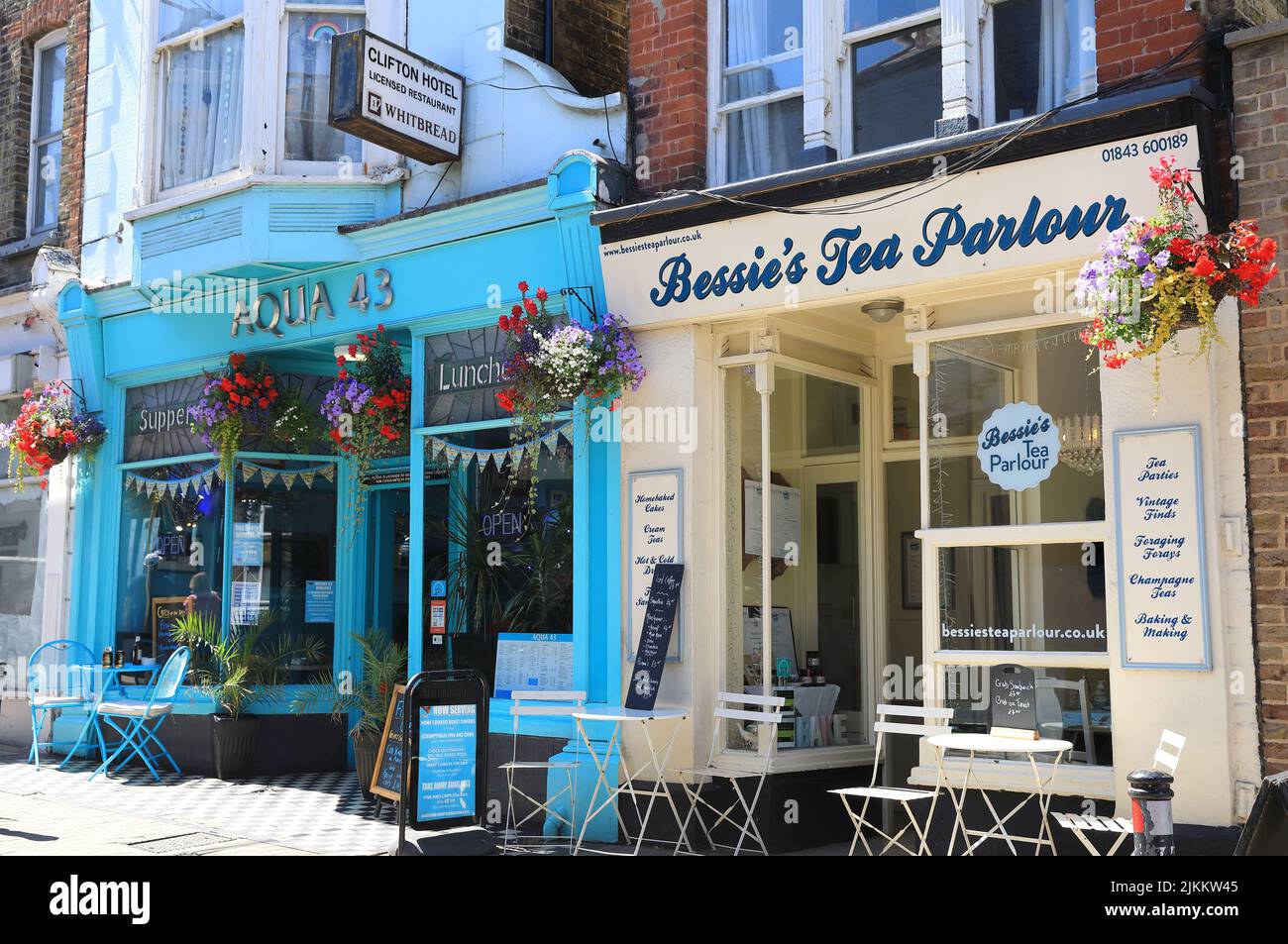 Pretty cafes on Albion Street in the old town of Broadstairs, on the Isle of Thanet, in Kent, UK Stock Photo
