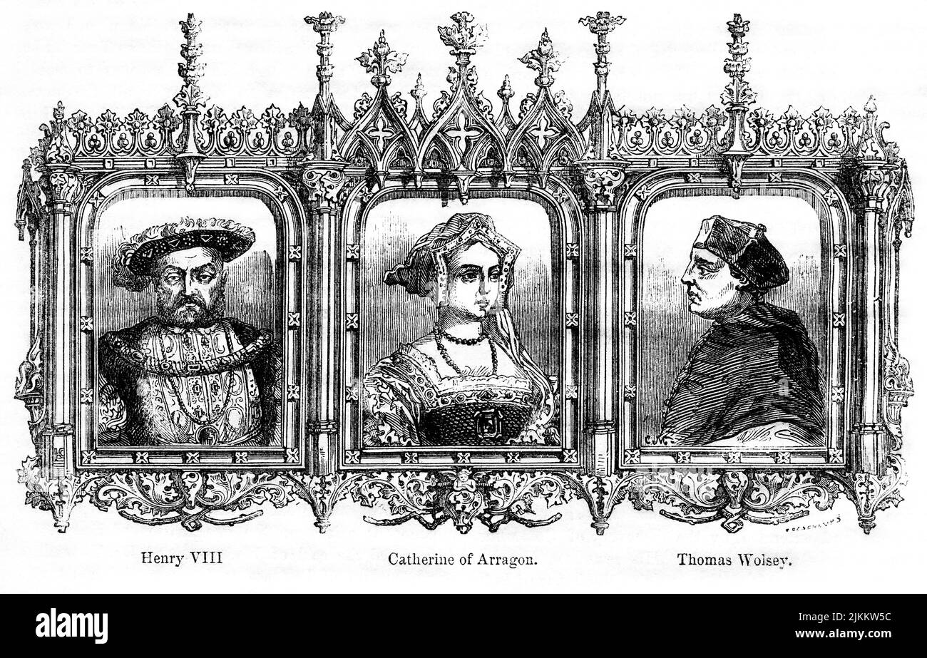 Henry VIII, Catherine of Aragon, Thomas Wolsey, Illustration from the Book, 'John Cassel’s Illustrated History of England, Volume II', text by William Howitt, Cassell, Petter, and Galpin, London, 1858 Stock Photo