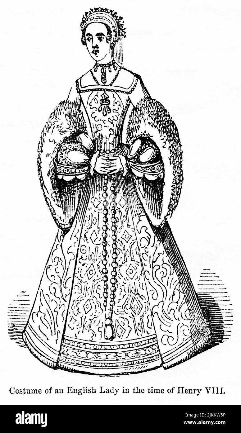 Costume of an English Lady in the time of Henry VIII, Illustration from the Book, 'John Cassel’s Illustrated History of England, Volume II', text by William Howitt, Cassell, Petter, and Galpin, London, 1858 Stock Photo