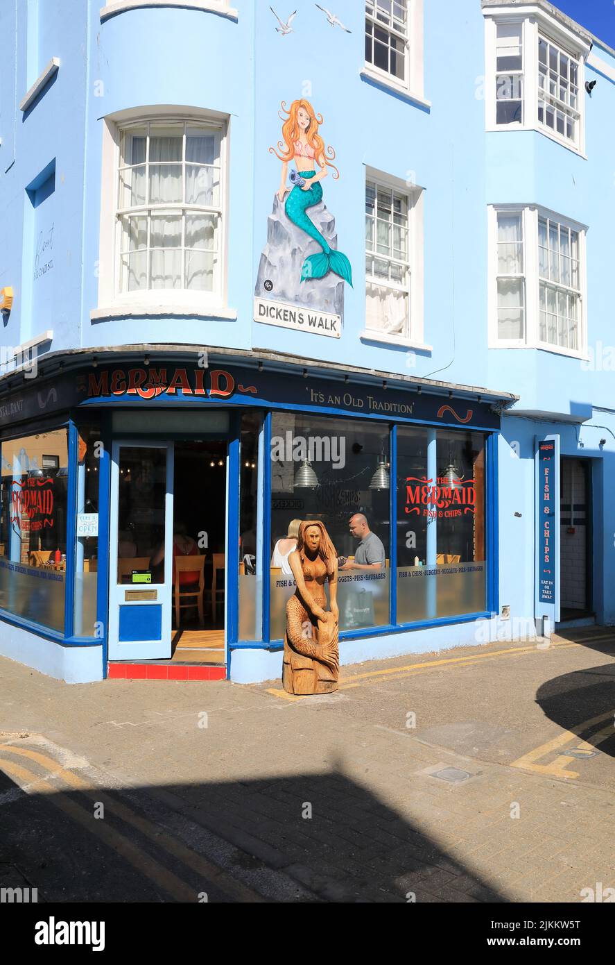 Mermaid fish and chips on Dickens Walk in Broadstairs old town, on the Isle of Thanet, in Kent Stock Photo