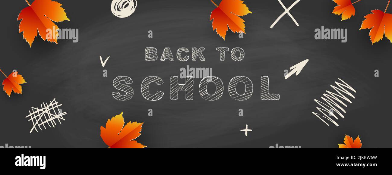 Back to school - blackboard with autumn leaves, doodles and chalk ...