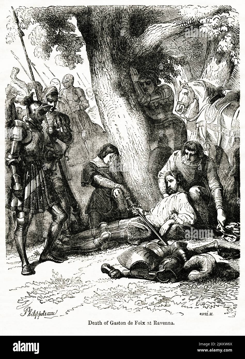 Death of Gaston de Fix at Ravenna, Illustration from the Book, 'John Cassel’s Illustrated History of England, Volume II', text by William Howitt, Cassell, Petter, and Galpin, London, 1858 Stock Photo