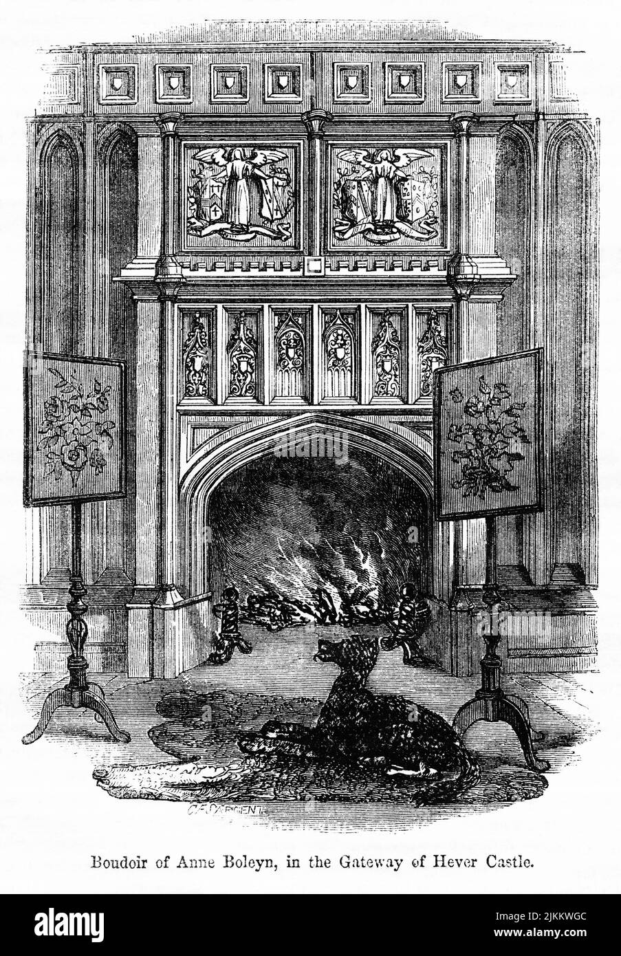 Boudoir of Anne Boleyn, in the Gateway of Hever Castle, Illustration from the Book, 'John Cassel’s Illustrated History of England, Volume II', text by William Howitt, Cassell, Petter, and Galpin, London, 1858 Stock Photo