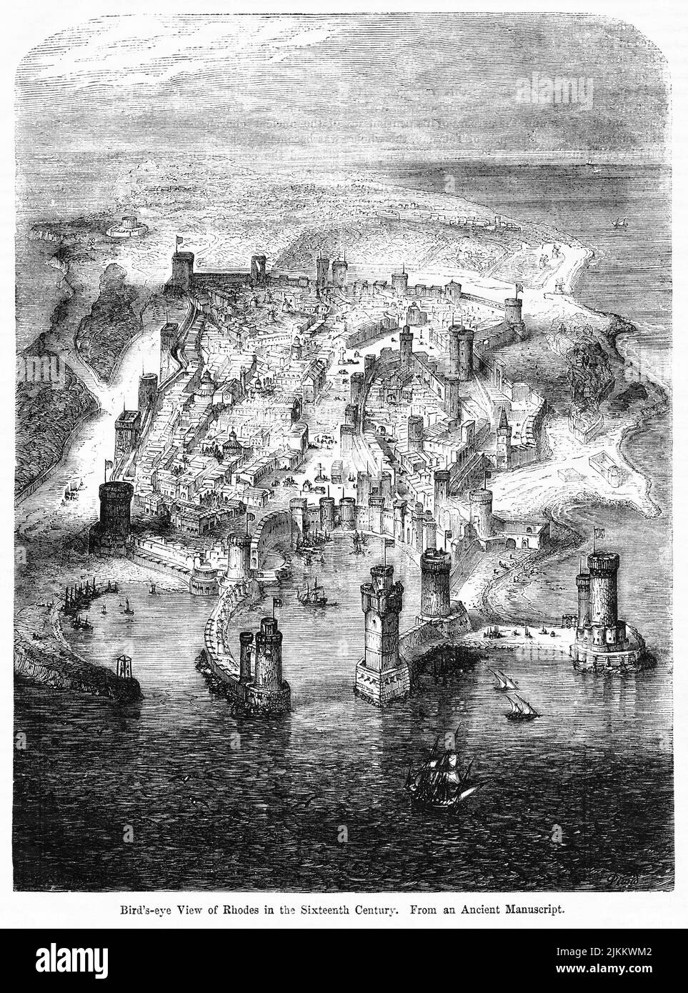 Bird’s-eye view of Rhodes in the Sixteenth Century, Illustration from the Book, 'John Cassel’s Illustrated History of England, Volume II', text by William Howitt, Cassell, Petter, and Galpin, London, 1858 Stock Photo