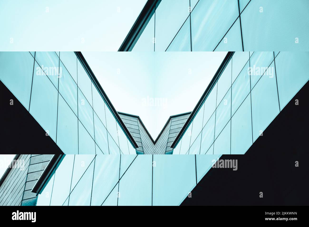 A collage consisting of three blue glass facades of a modern building ...