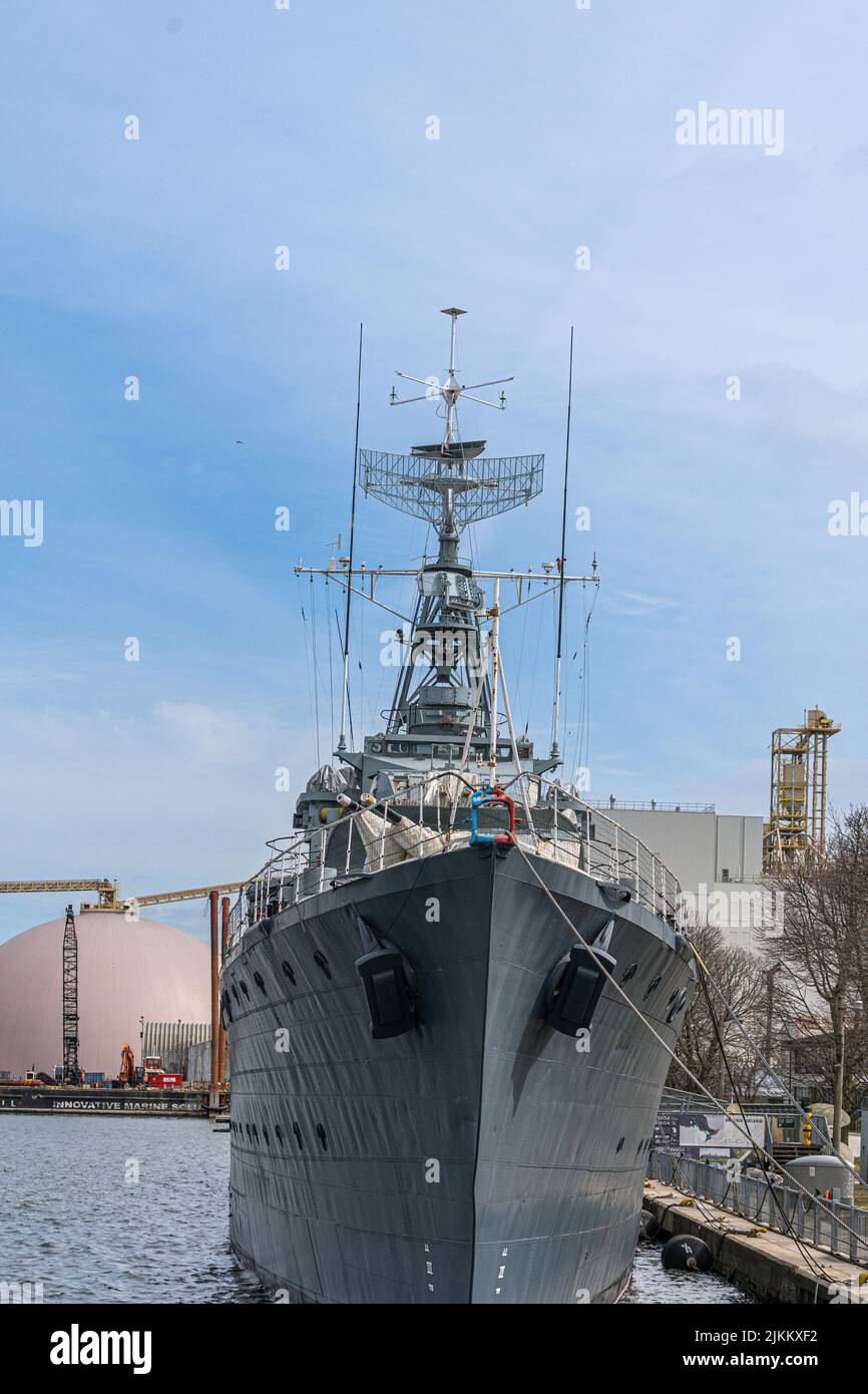 A beautiful shot of World war two warship against blue sky on a sunny day now a museum in Hamilton, Canada Stock Photo