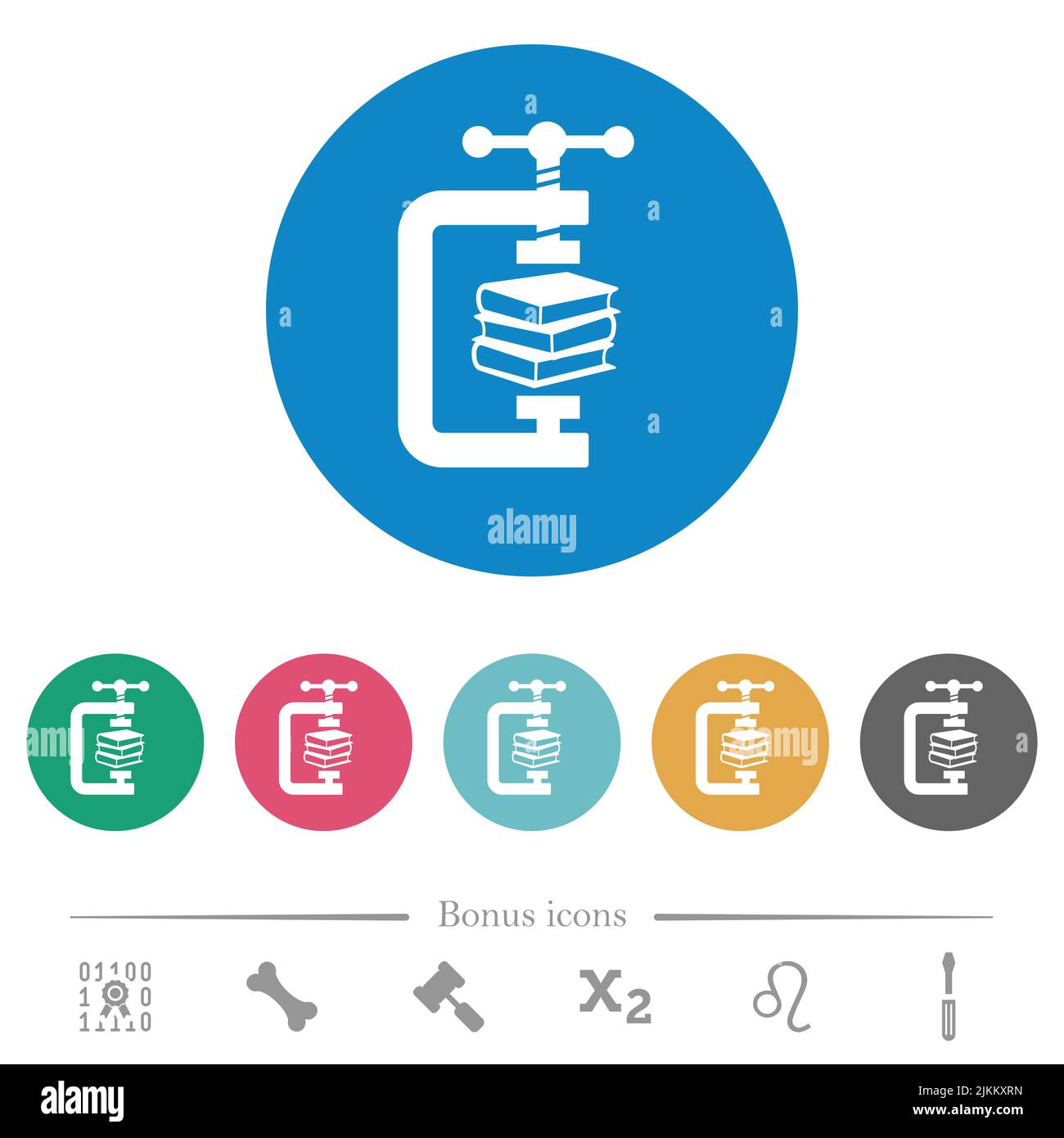 compressing books with vise clamp flat white icons on round color ...