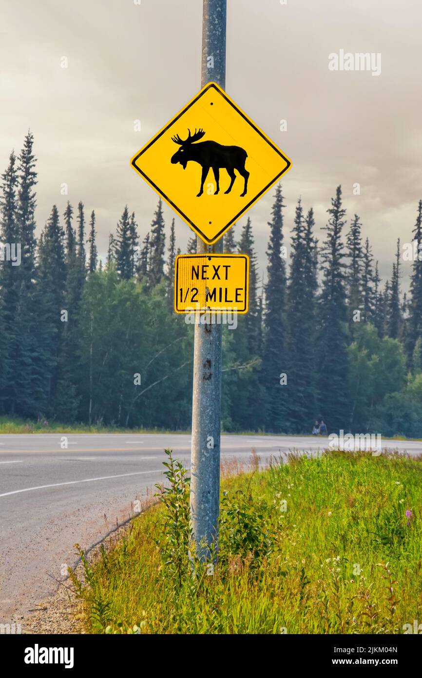 Moose Warning Sign Next one half mile on highway on smokey day in Fairbanks Alaska Stock Photo