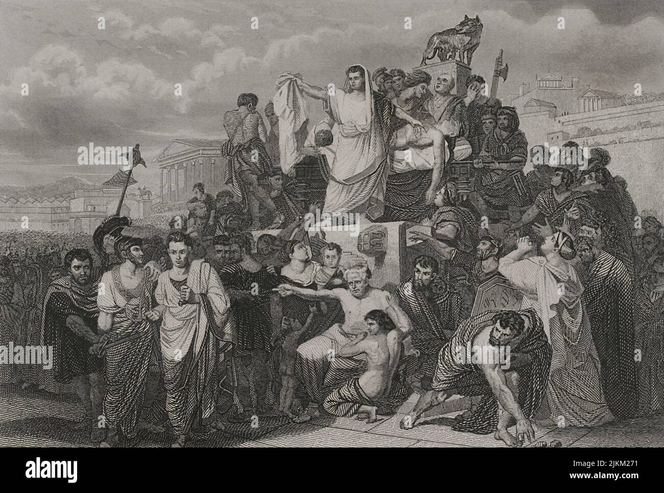 Gaius Julius Caesar (100 BC - 44 BC). Roman politician, general and writer. In 60 BC he established a triumvirate with Pompey and Crassus. Conquered Gaul. Head of the empire an dictator in perpetuity (Dictator Perpetuus). Funeral of Julius Caesar. Engraving by A. Roca. 'Historia Universal', by César Cantú. Volume II, 1854. Stock Photo