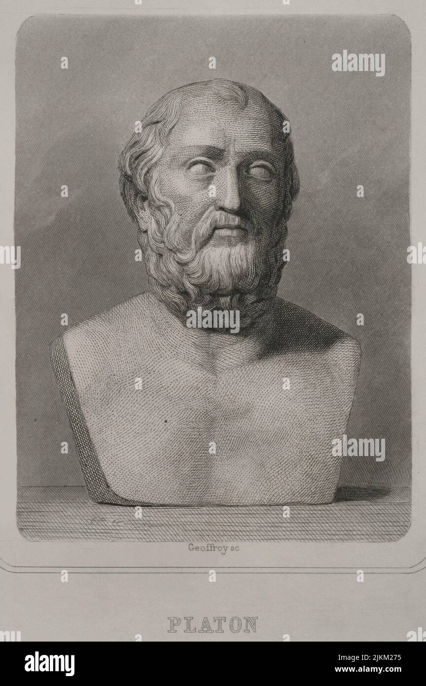 Plato (428/427 BC-348/347 BC). Greek philosopher. Portrait. Engraving by Geoffroy. 'Historia Universal', by César Cantú. Volume I, 1854. Stock Photo