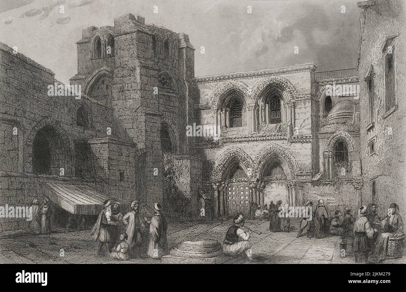 History of Israel. Jerusalem. Entrance to the Church of the Holy Sepulchre. Engraving. 'Historia Universal', by César Cantú). Volume III, 1855. Stock Photo