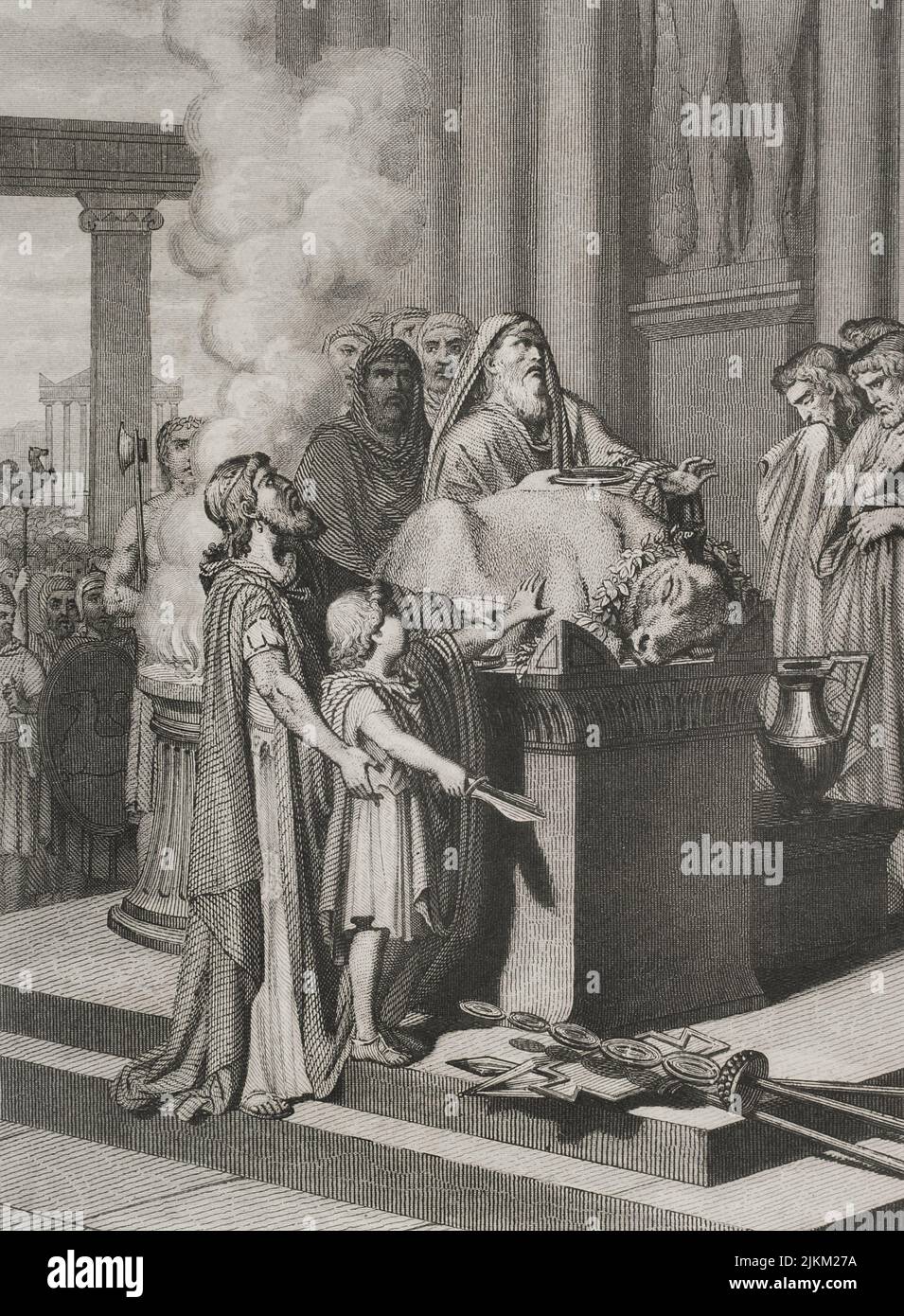 Hannibal Barca (247-183 BC). Carthaginian general and statesman. Hannibal in the Temple of Carthage with his father Hamilcar Barca, at the age of nine, taking an oath of eternal hatred of Rome by dipping his hands in the blood of the sacrificed animal. Engraving. "Historia Universal", by César Cantú. Volume II, 1854. Stock Photo