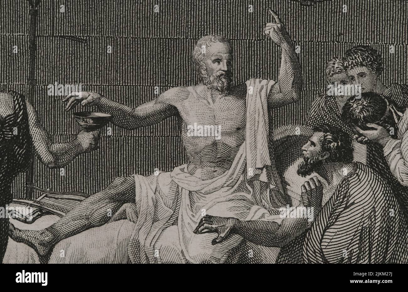 Socrates (ca. 470 BC - 399 BC). Greek philosopher. Accused of corrupting the youth, he was condemned to death by the Heliaia (Supreme Court of Ancient Athens). Death of Socrates. Detail of a engraving by A. Roca, based on the painting by Jacques-Louis David. "Historia Universal", by César Cantú. Volume I, 1854. Stock Photo