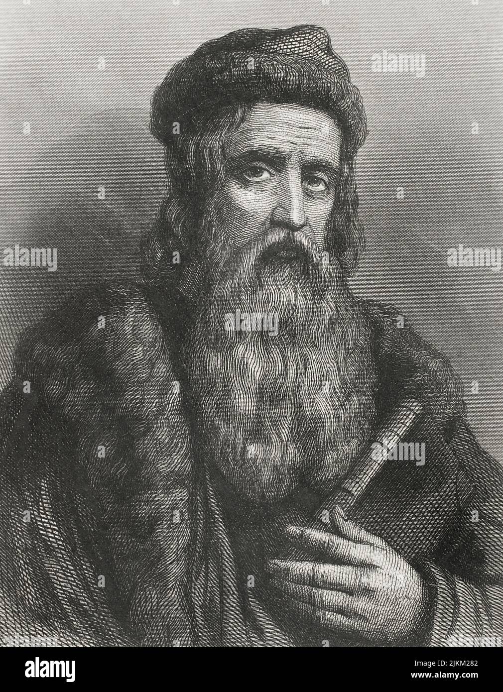 Johannes Gutenberg (ca. 1399-1468). German inventor. Around 1450 he created the first movable type printing press. Portrait. Engraving by Geoffroy. 'Historia Universal', by César Cantú. Volume IV, 1856. Stock Photo