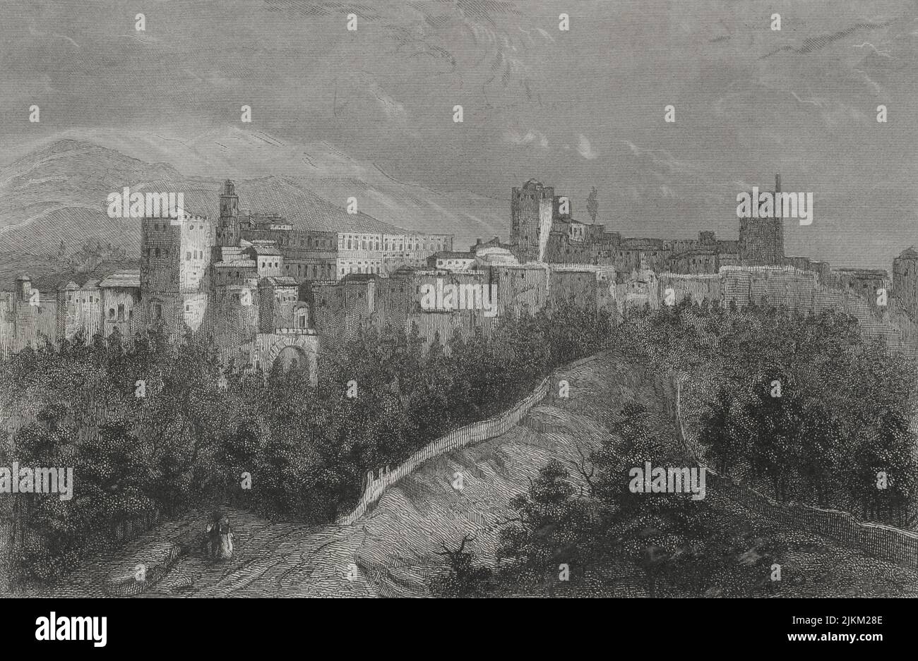 History of Spain. Andalusia. Granada. Panoramic view of the Alhambra. Engraving by Geoffroy. "Historia Universal", by César Cantú. Volume IV, 1856. Stock Photo