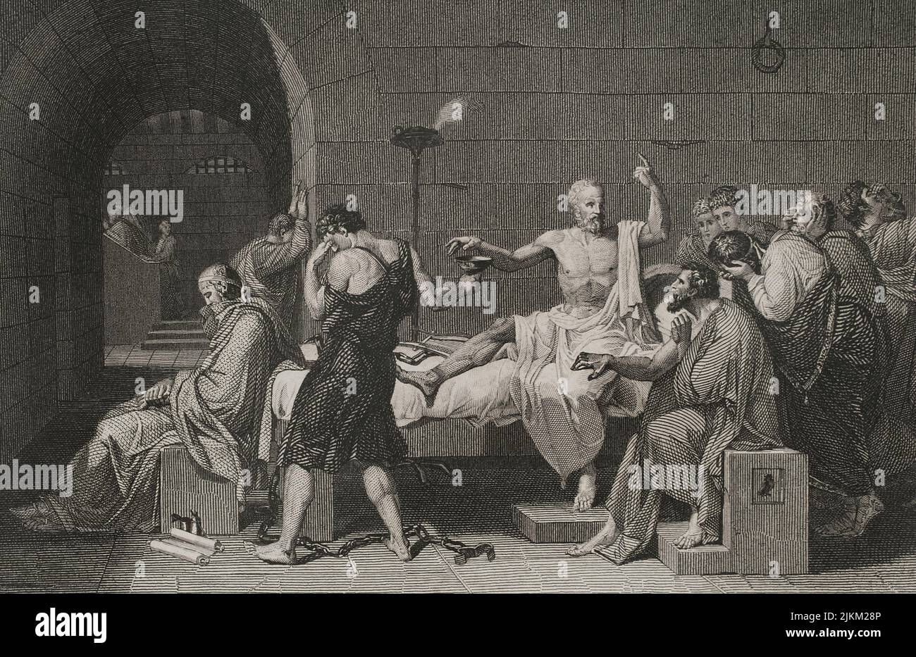Socrates (ca. 470 BC - 399 BC). Greek philosopher. Accused of corrupting the youth, he was condemned to death by the Heliaia (Supreme Court of Ancient Athens). Death of Socrates. The scene shows Plato seated at the foot of the bed, in a meditative attitude. Engraving by A. Roca, based on the painting by Jacques-Louis David. 'Historia Universal', by César Cantú. Volume I, 1854. Stock Photo