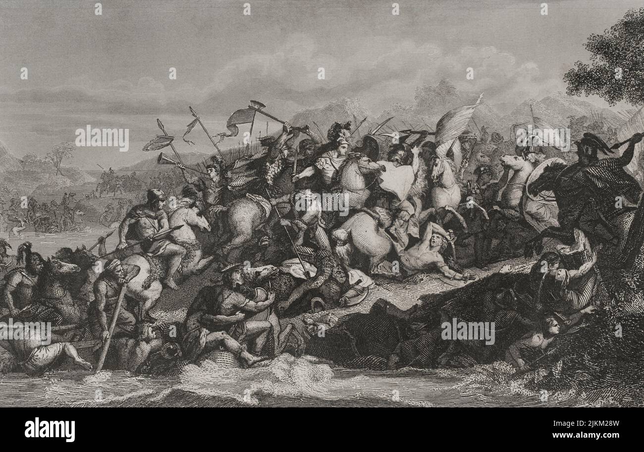 Battle of the Granicus (May 334 BC). The Macedonian King Alexander the Great defeated the Persians. Engraving by A. Roca based on a painting by Charles Lebrun. 'Historia Universal', by César Cantú. Volume I, 1854. Stock Photo