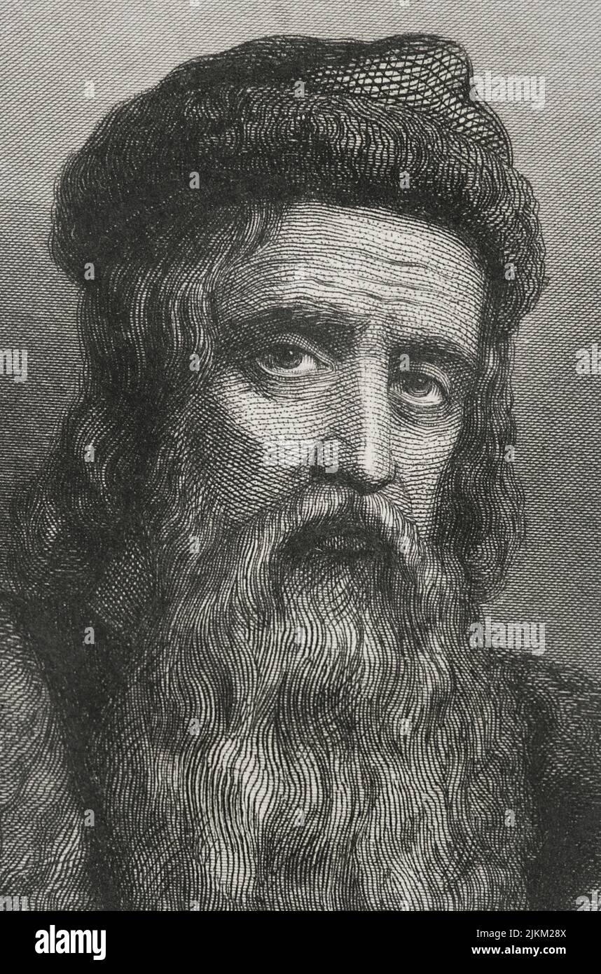 Johannes Gutenberg (ca. 1399-1468). German inventor. Around 1450 he created the first movable type printing press. Portrait. Engraving by Geoffroy. Detail. 'Historia Universal', by César Cantú. Volume IV, 1856. Stock Photo