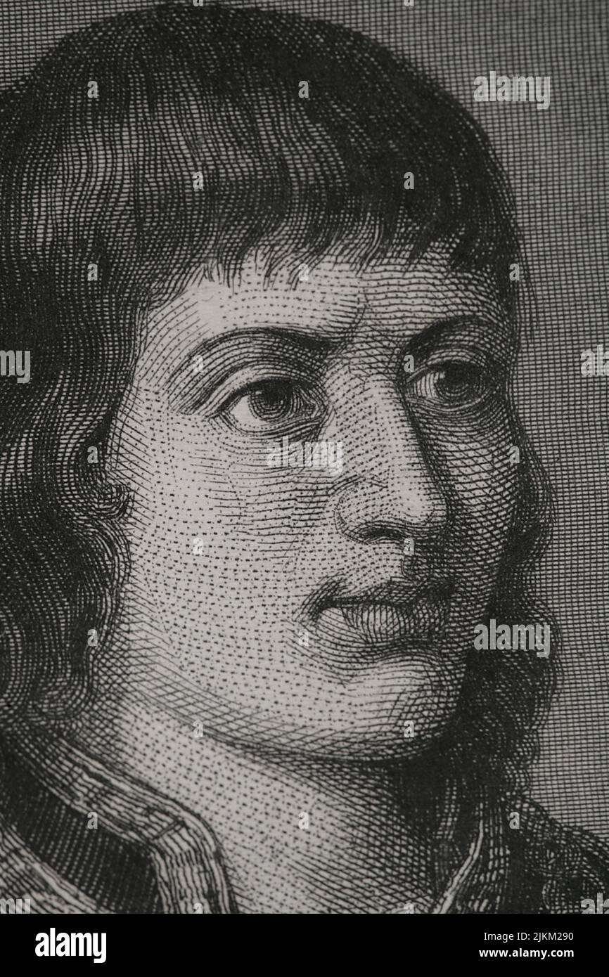 Ferdinand II of Aragon, called The Catholic (1452-1516). King of the Crown of Aragon. King of Castile as Ferdinand V (1474-1504). Portrait. Engraving by Geoffroy. Detail. 'Historia Universal', by César Cantú. Volume IV, 1856. Stock Photo