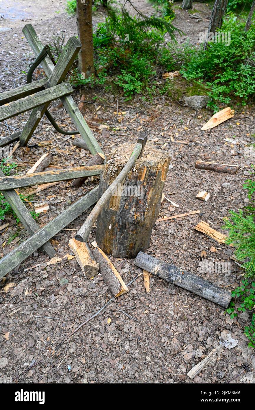 A place to saw and cut firewood Stock Photo