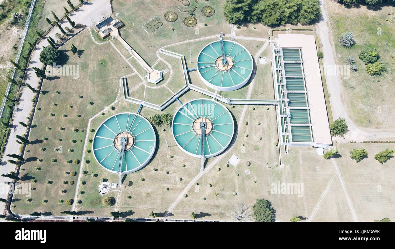 An aerial view of recirculation solid contact clarifier sedimentation tank - Industrial water treatment Stock Photo