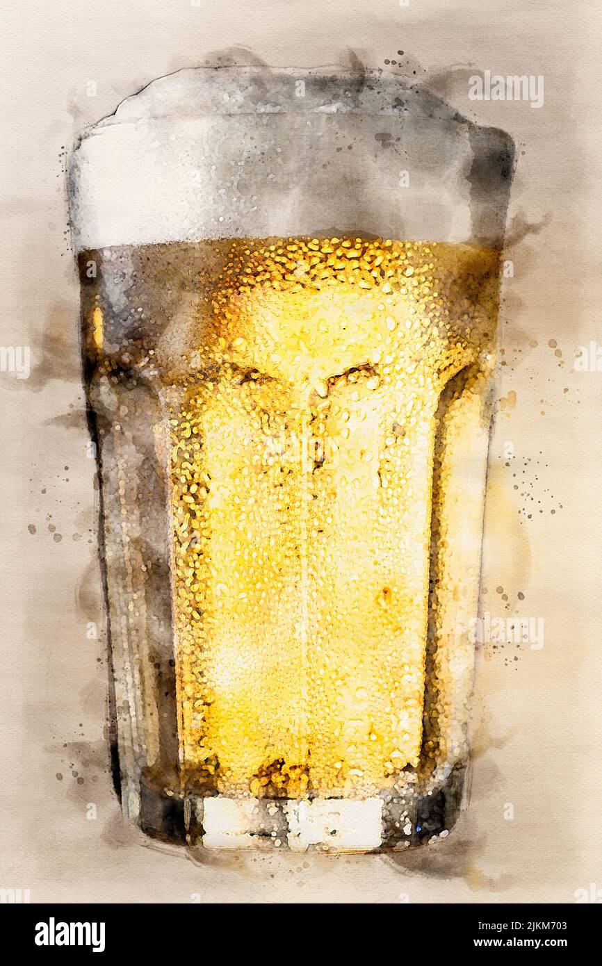 Watercolor painting of one glass of beer on a wooden background Stock Photo