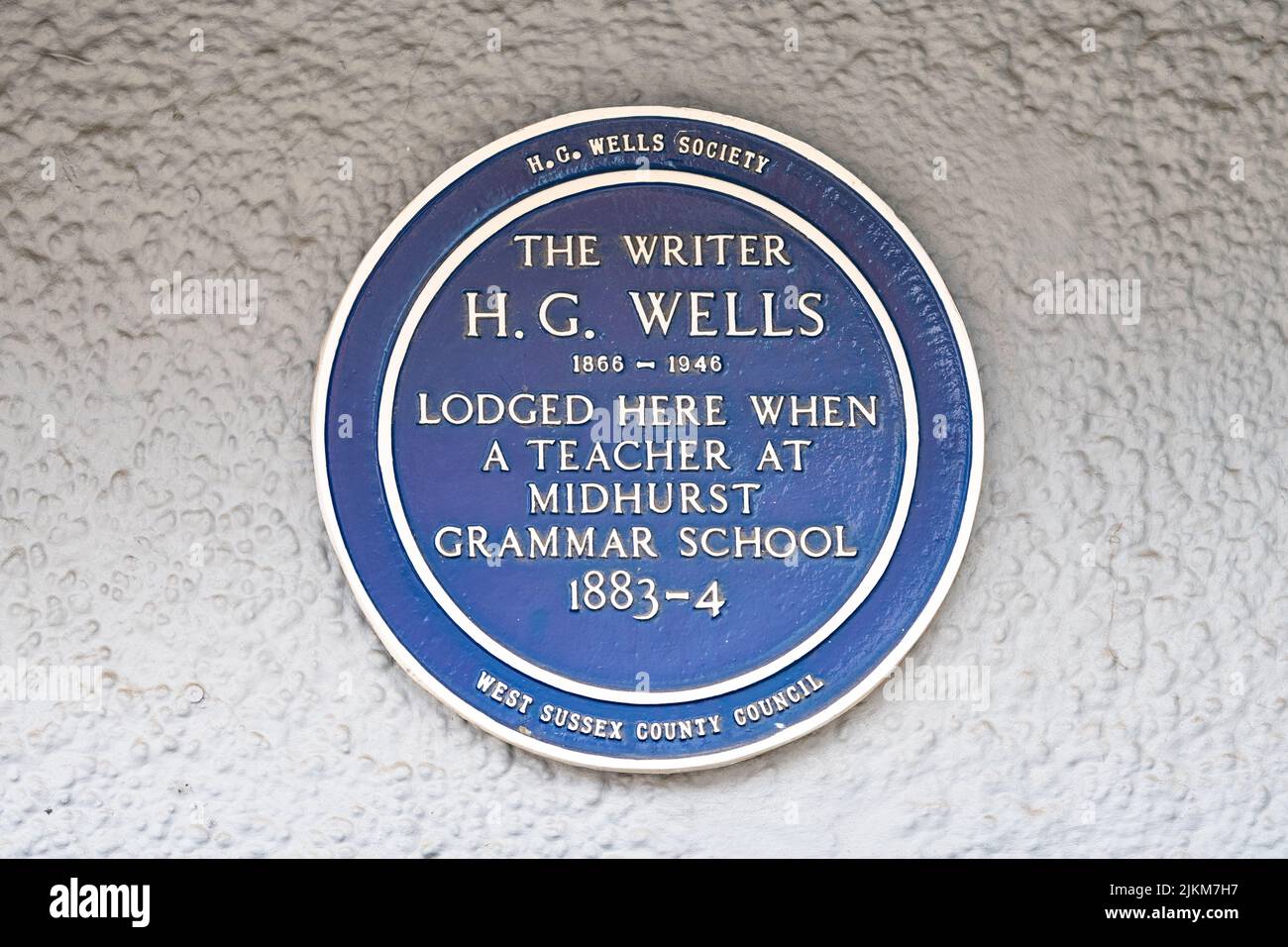 H G Wells blue plaque, Midhurst Grammar School, West Sussex, England, UK Stock Photo