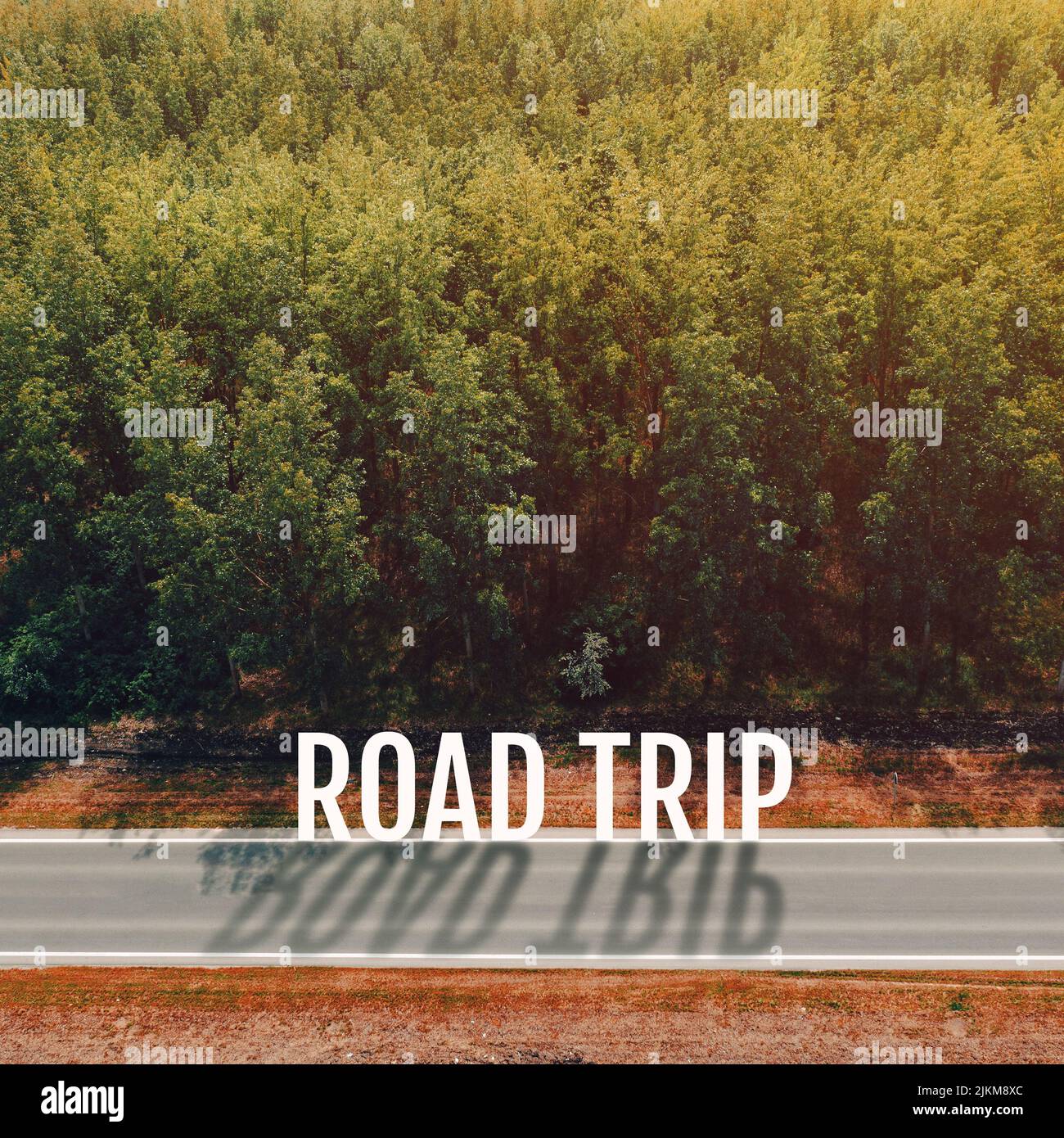 Road trip concept, highway through wooded landscape, aerial view with text Stock Photo