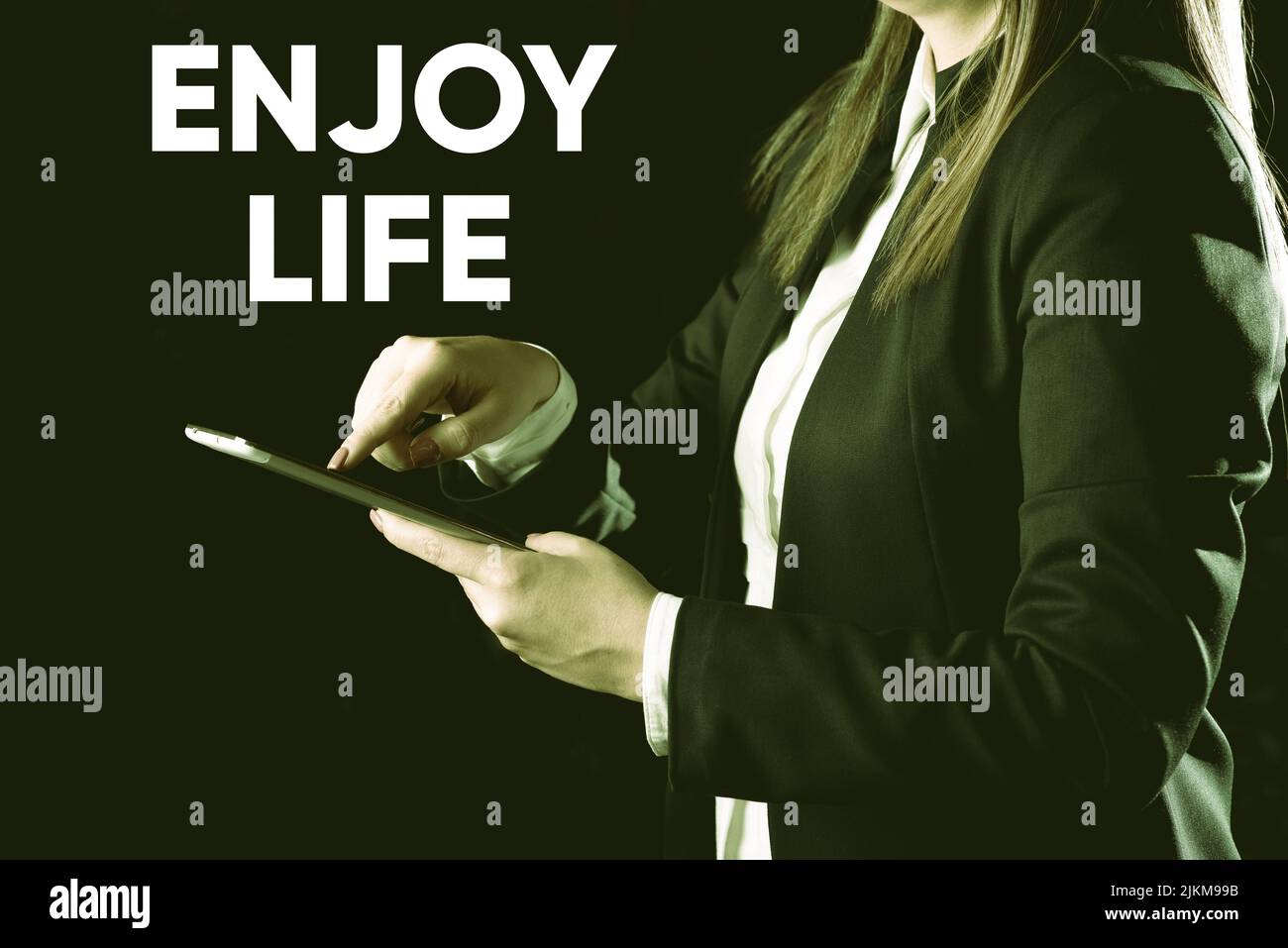 Inspiration showing sign Enjoy Life. Conceptual photo Any thing, place,food or person, that makes you relax and happy Businesswoman Holding Tablet In Stock Photo