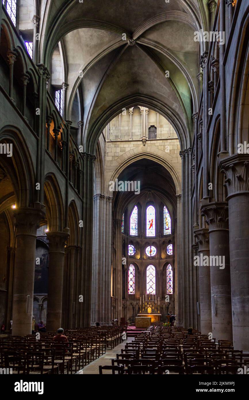 A vertical shot of the interior of the Church of Notre Dame of Dijon. France. Stock Photo