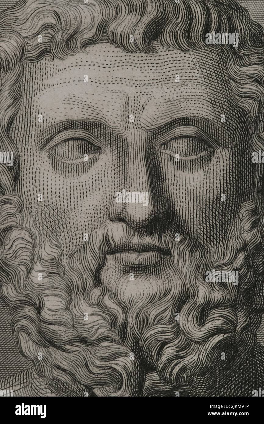 Solon (ca. 640 BC - ca. 558 BC). Athenian lawmaker, statesman and poet, one of the Seven Wise Men of Greece. Portrait. Engraving by Geoffroy. Detail. 'Historia Universal', by César Cantú. Volume I. 1854. Author: Charles Geoffroy (1819-1882). French engraver. Stock Photo