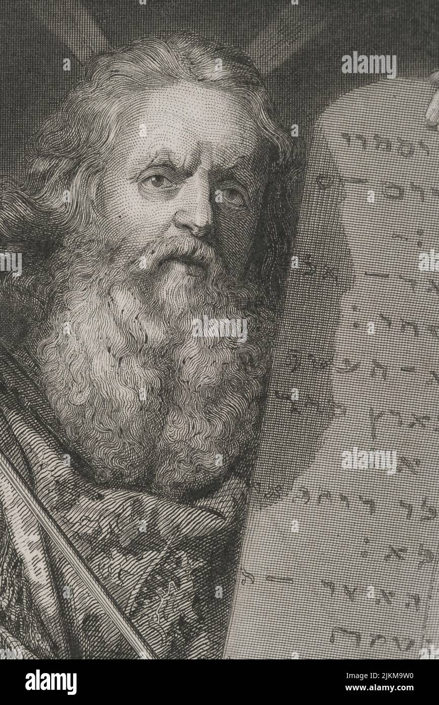 Old Testament. Prophet Moses with the Tablets of the Law. Engraving. Detail. 'Historia Universal', by César Cantú. Volume I, 1854. Stock Photo