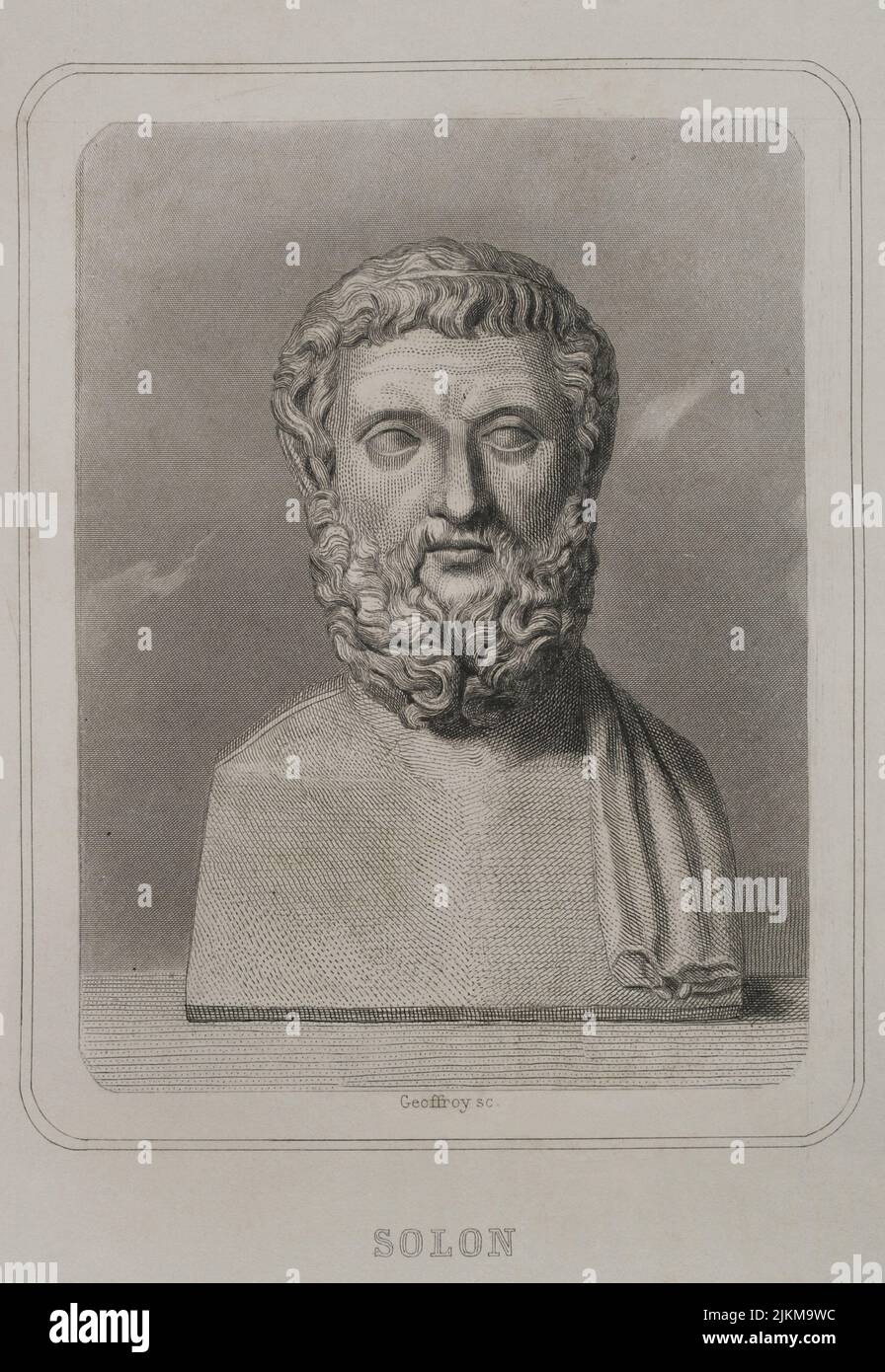 Solon (ca. 640 BC - ca. 558 BC). Athenian lawmaker, statesman and poet, one of the Seven Wise Men of Greece. Portrait. Engraving by Geoffroy. 'Historia Universal', by César Cantú. Volume I. 1854. Author: Charles Geoffroy (1819-1882). French engraver. Stock Photo