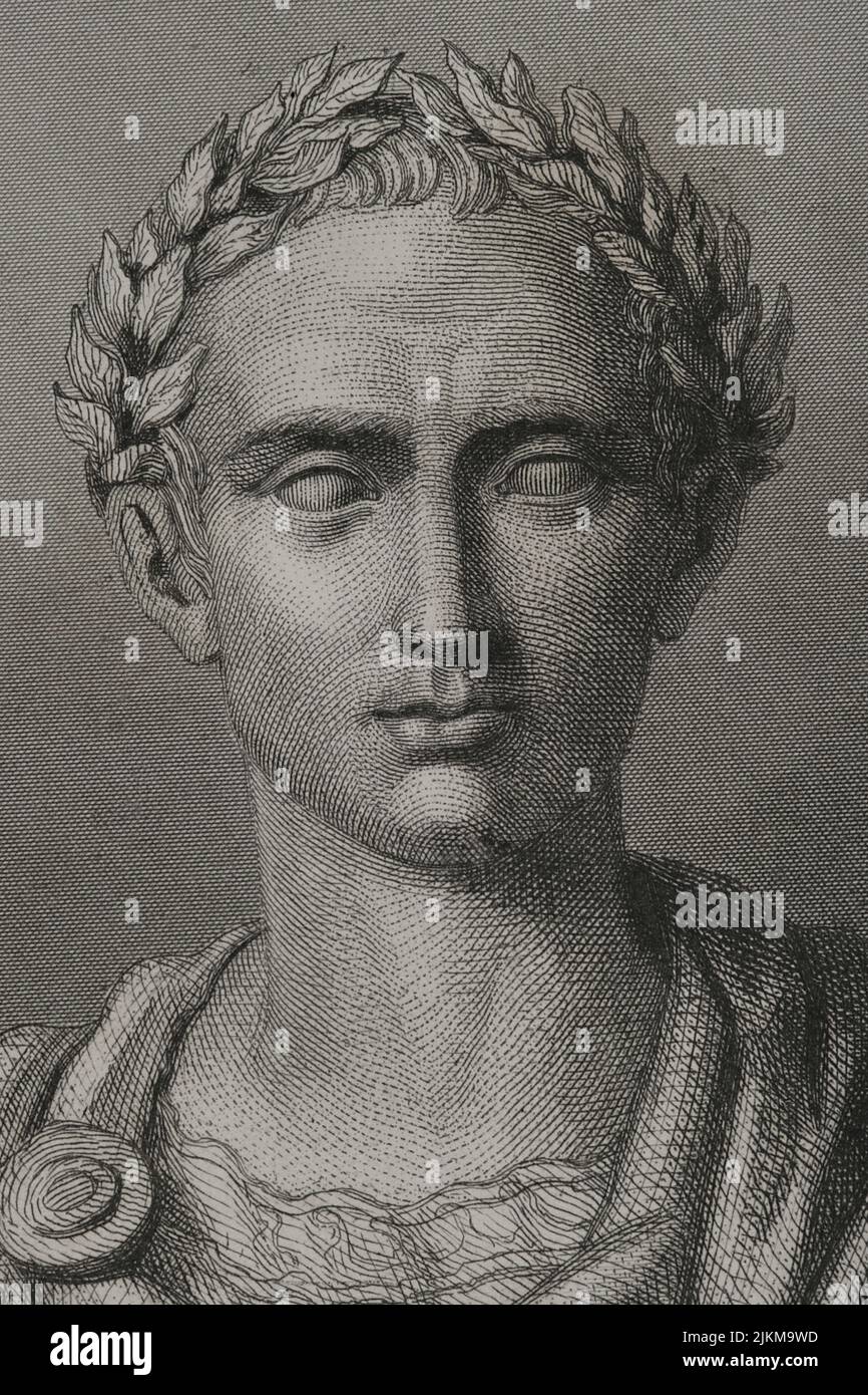 Gaius Julius Caesar (100 BC - 44 BC). Roman politician, general and writer. In 60 BC he established a triumvirate with Pompey and Crassus. Conquered Gaul. Head of the empire an dictator in perpetuity (Dictator Perpetuus). Portrait. Engraving. Detail. 'Historia Universal', by César Cantú. Volume II, 1854. Stock Photo