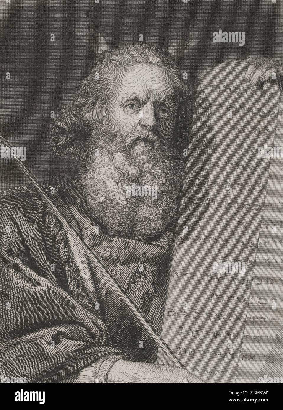 Old Testament. Prophet Moses with the Tablets of the Law. Engraving. "Historia Universal", by César Cantú. Volume I, 1854. Stock Photo