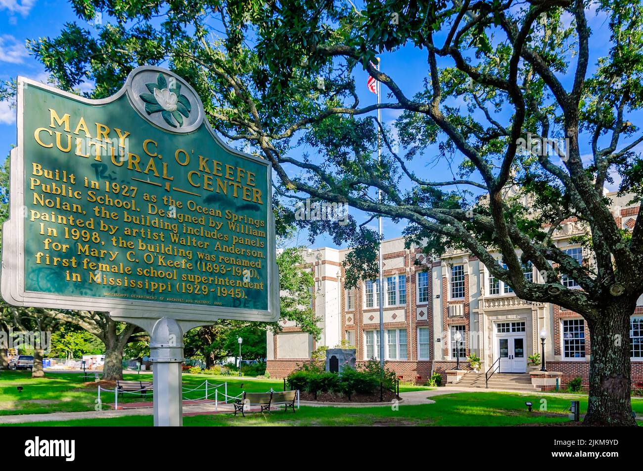 A historic marker stands in front of the Mary C. O’Keefe Cultural Arts Center, July 31, 2022, in Ocean Springs, Mississippi. Stock Photo