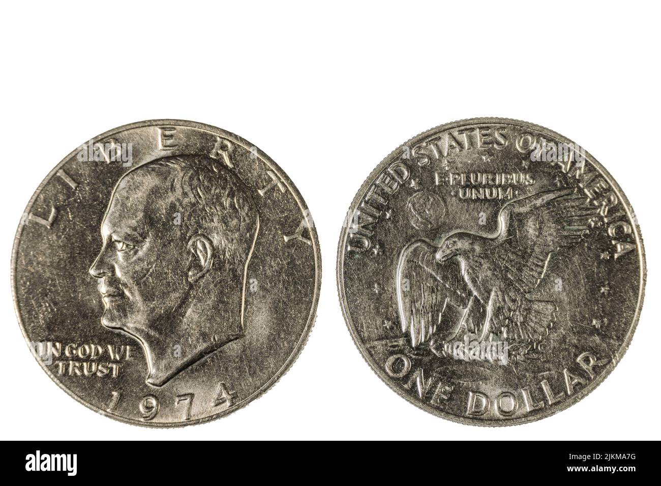 Close up view of front and back side of one usa dollar silver coin dated 1974. Numismatic concept. Stock Photo