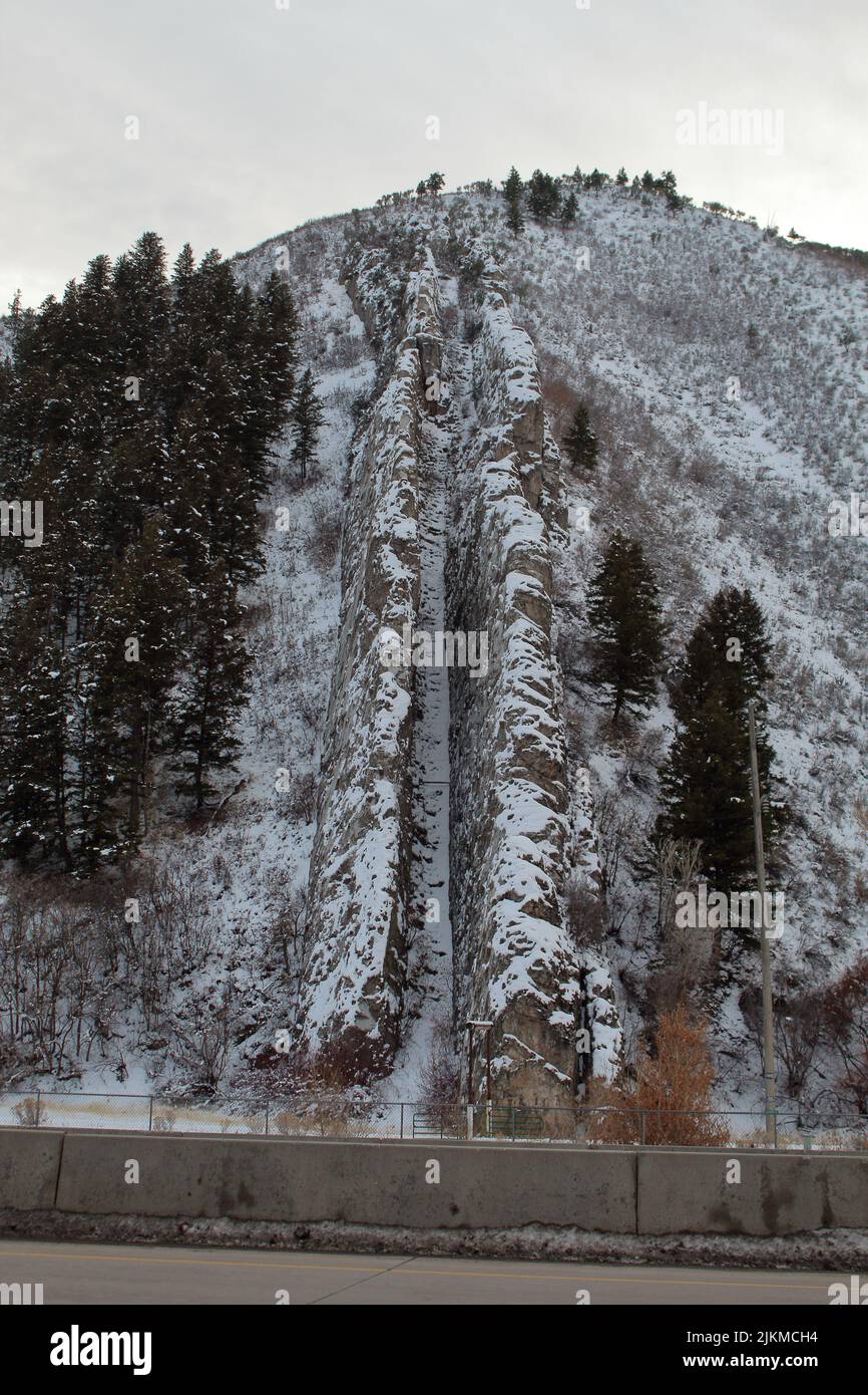 A vertical shot of the Devil's Slide in wintera coastal promontory in