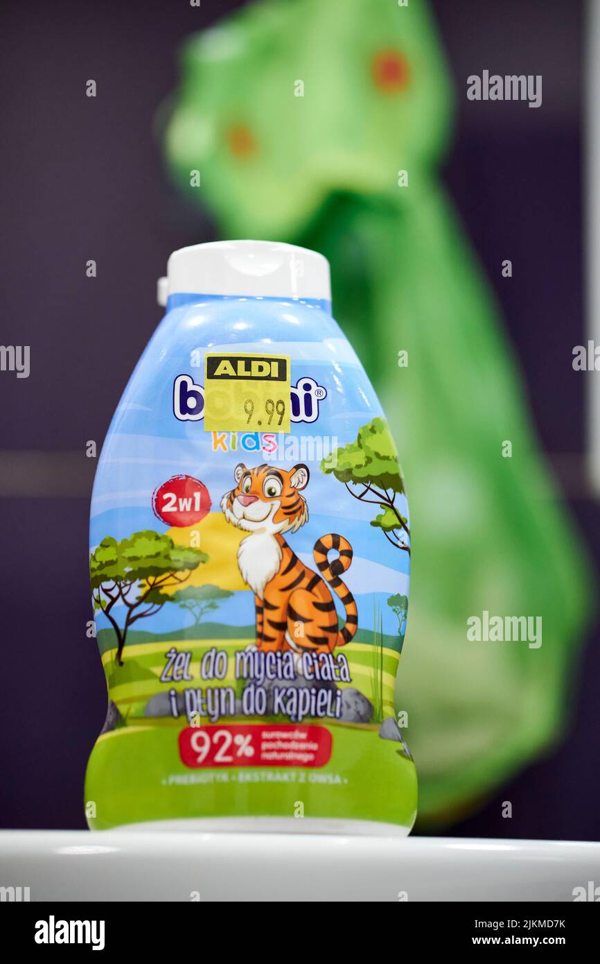 A Polish bath gel for kids with an Aldi supermarket price sticker Stock