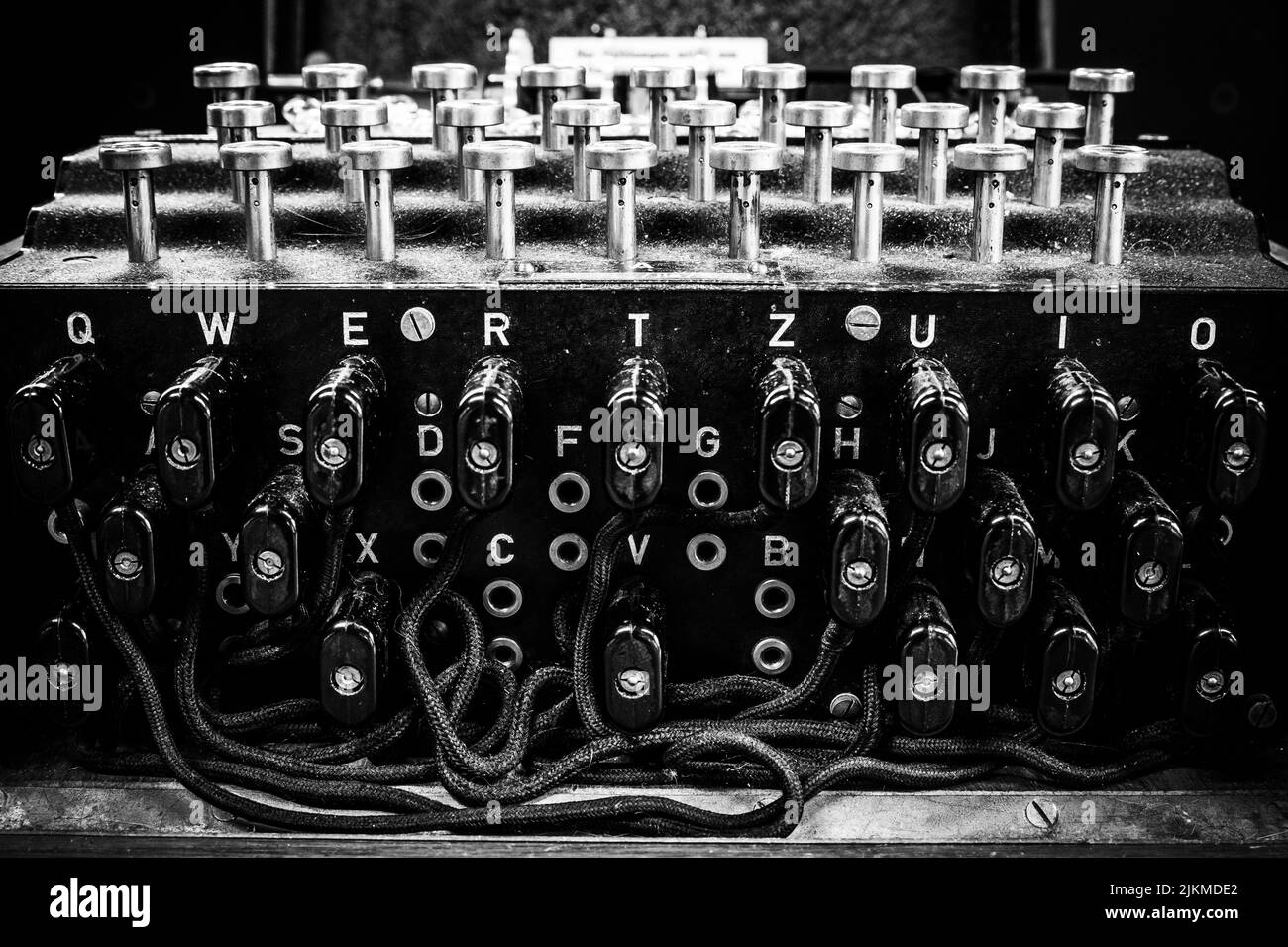 Black and white image of the plugboard of a rare German World War II 'Enigma' machine at Bletchley Park.  January 2017 Stock Photo
