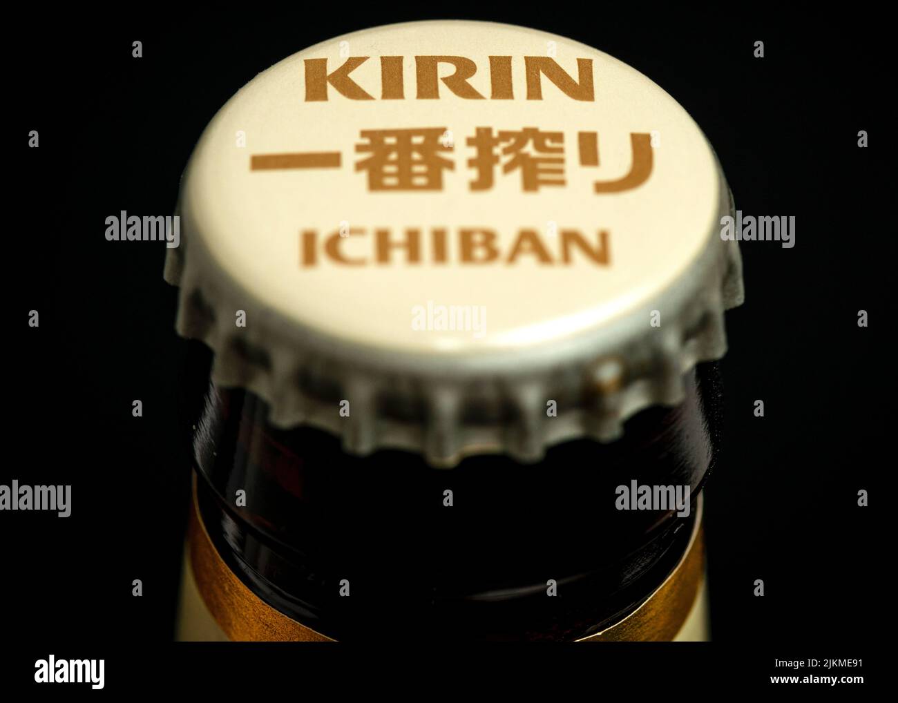 Kirin Ichiban Japanese lager beer bottle top cap close up detail Stock Photo