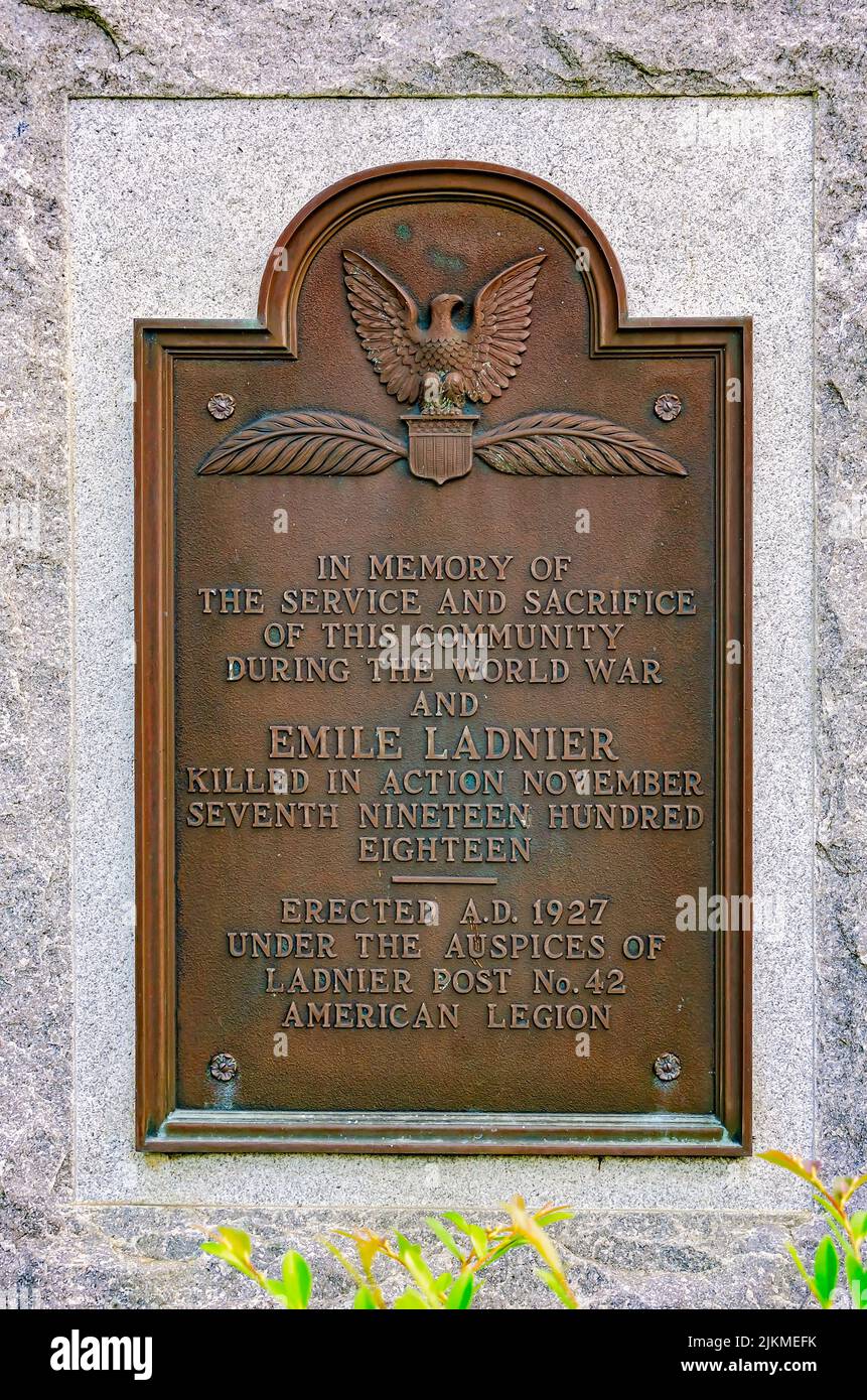 A memorial monument honoring World War I soldier Emile Ladnier is pictured at Pershing Square, July 31, 2022, in Ocean Springs, Mississippi. Stock Photo
