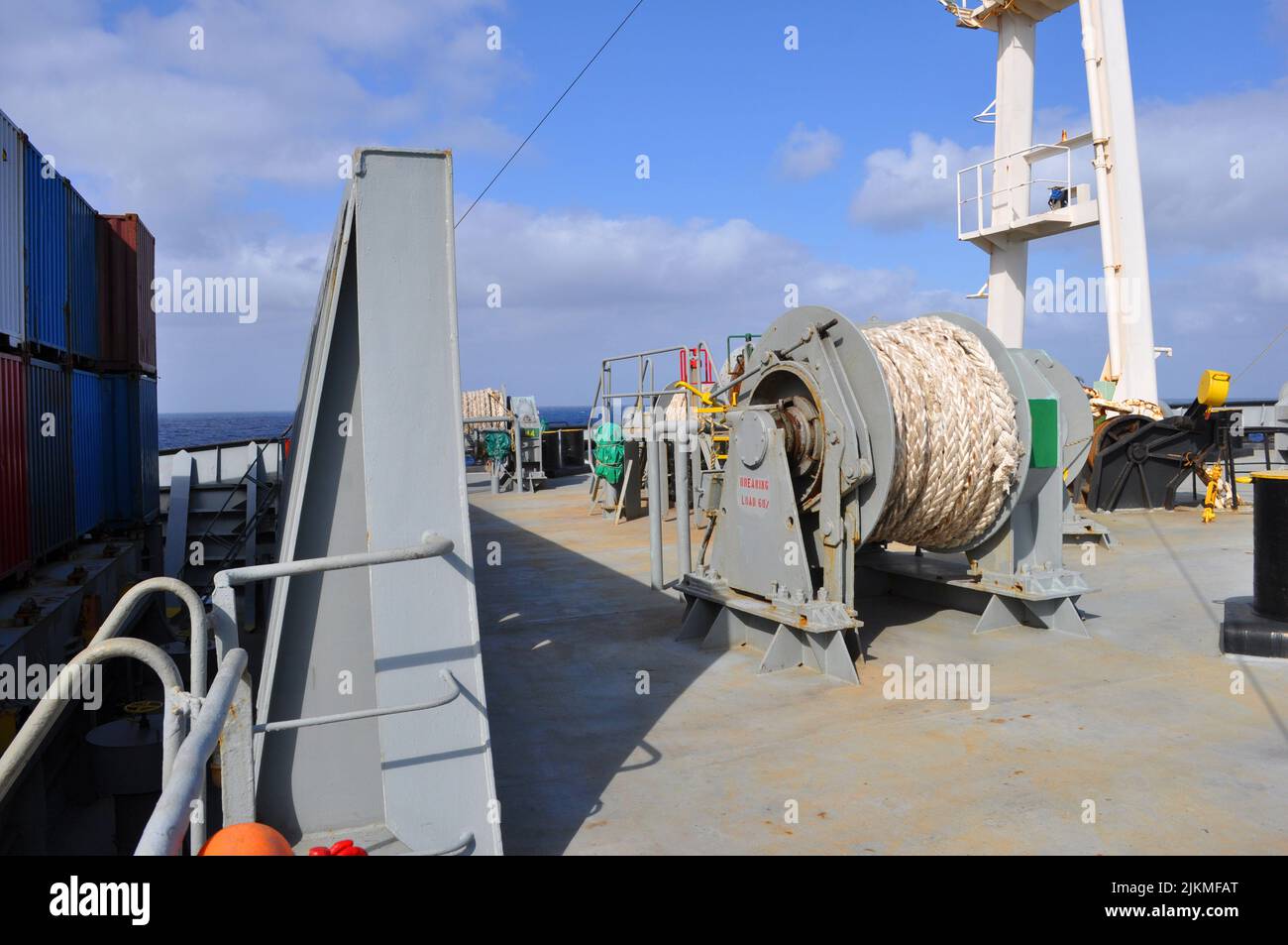 Container ship 's deck. Part of the vessel close-up. Stock Photo